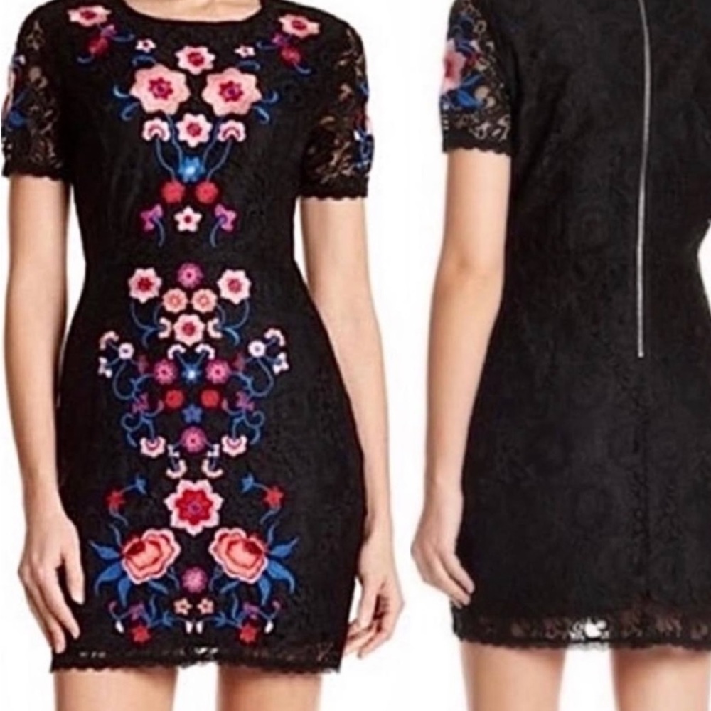 Romeo & Juliet Couture Black Floral Embroidered Lace Mini Dress Size M